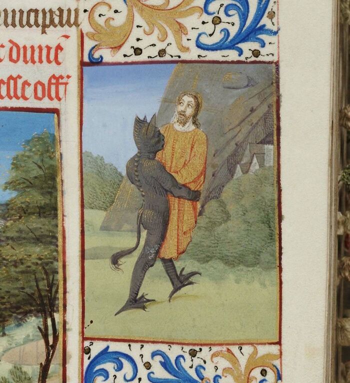 Medieval illuminated manuscript depicting encounter with devil figure