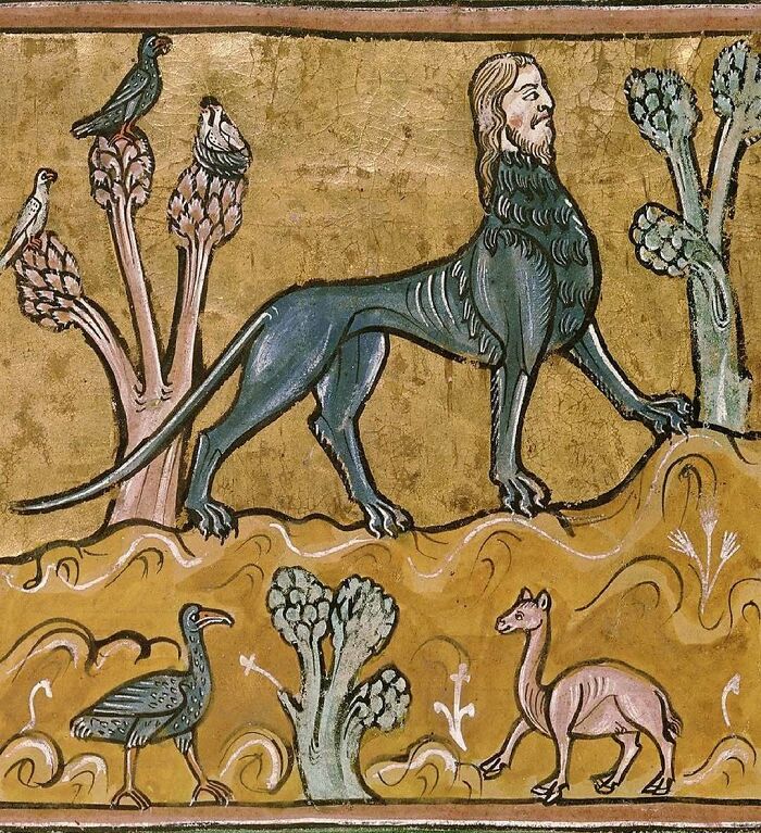 Medieval historical treasure painting depicting a lion with a human head and animals
