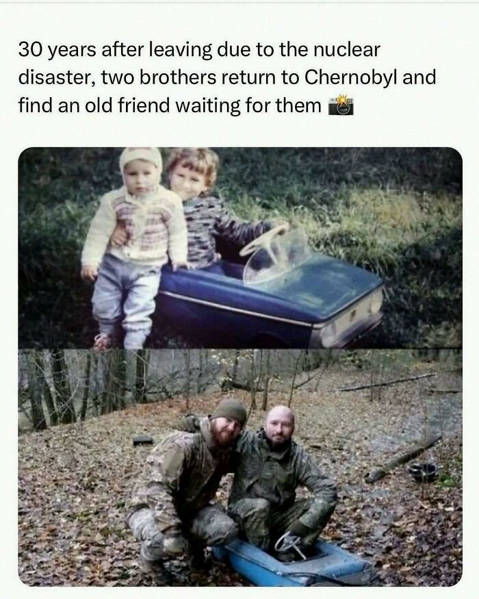 Soul-healing post: Two brothers, young and adult, with their old toy car at Chernobyl, showing a powerful return.