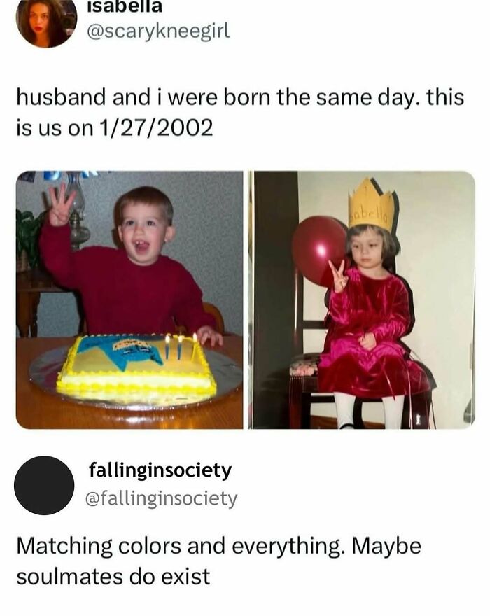 Soul-healing post: Two toddlers celebrating birthdays on the same day, a boy with a cake and a girl in a party dress.