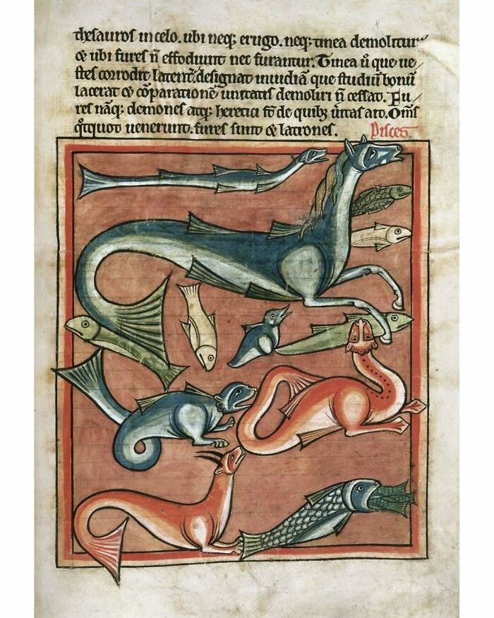 Medieval illuminated manuscript depicting mythical creatures historical treasure