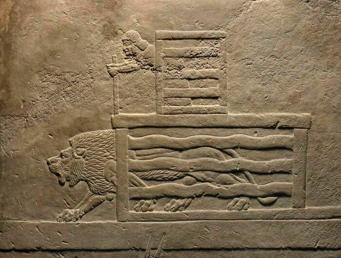 Ancient stone relief carving of a lion and chariot historical artifact