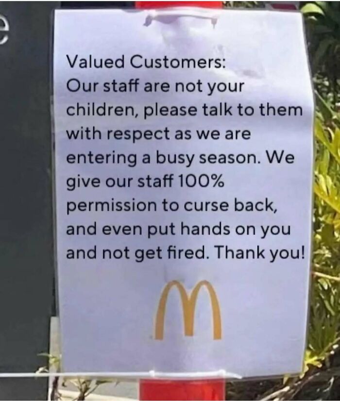 Soul-healing post of a sign telling valued customers to respect staff during a busy season.