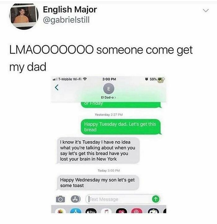 Screenshot of a funny text conversation between a dad and son for soul-healing posts.