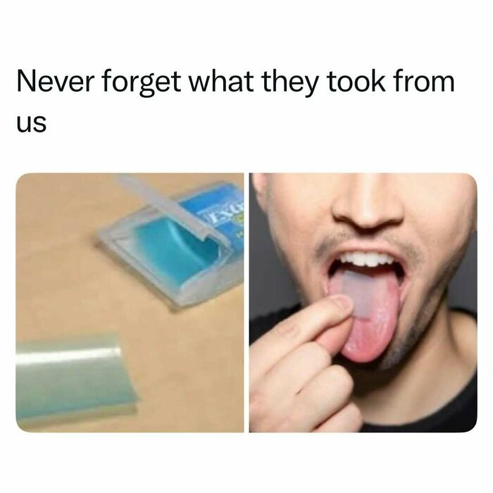 Close-up of a person removing a gum tape strip from mouth, nostalgic childhood toy removal
