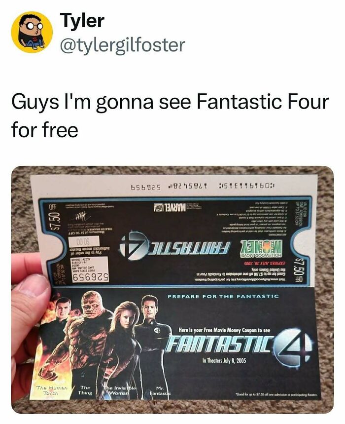 Free Fantastic Four movie ticket from 2005 showing classic comic characters