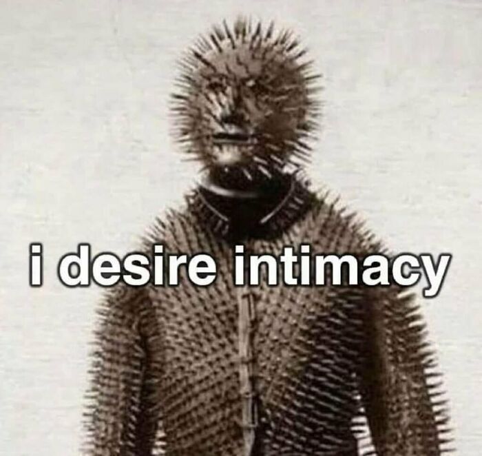 Cheerfully pessimistic meme of person covered in spikes with caption desiring intimacy