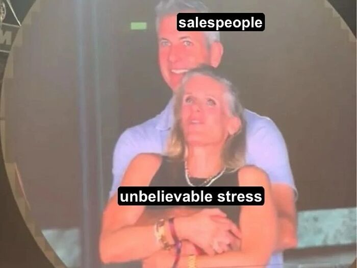 Couple hugging with labels salespeople and unbelievable stress in sales meme