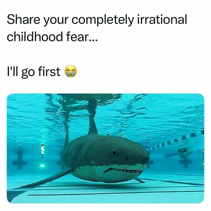 Irrational childhood fear of sharks swimming in a pool