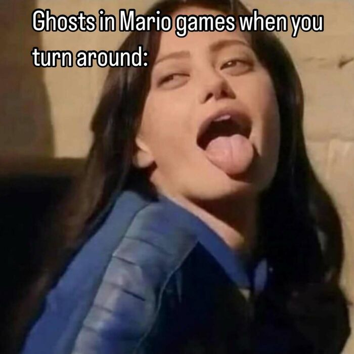 Woman sticking out tongue humorously representing ghosts in Mario games