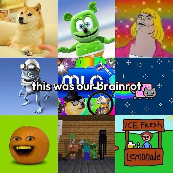 Nostalgic 1990s and 2000s icons like Doge, Gummy Bear, and Minecraft characters collage