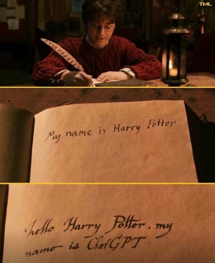 Harry Potter meme showing handwriting transformation referencing ChatGPT