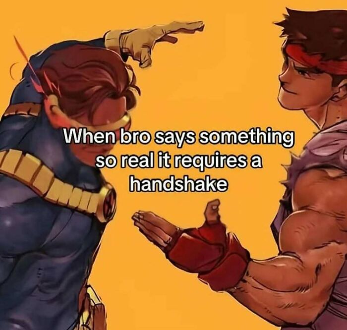 Animated characters shaking hands with text about real talk handshake meme
