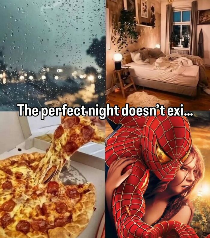 nostalgic perfect night with rain pizza cozy room and Spider-Man