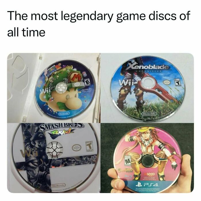 Legendary video game discs from Nintendo Wii and PlayStation 4 games.
