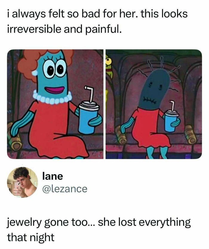 Spongebob character shown before and after feeling bad, nostalgic childhood pain