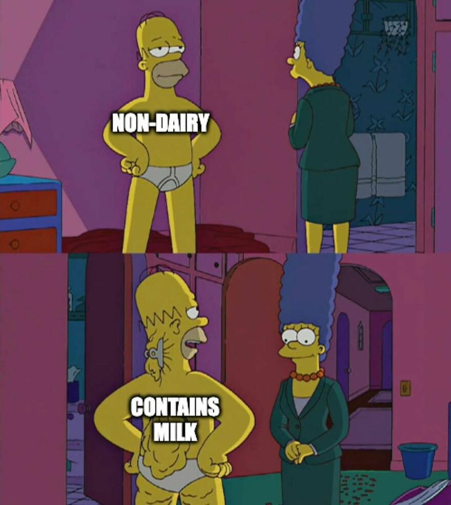 Simpsons meme illustrating difference between non-dairy and milk-containing products