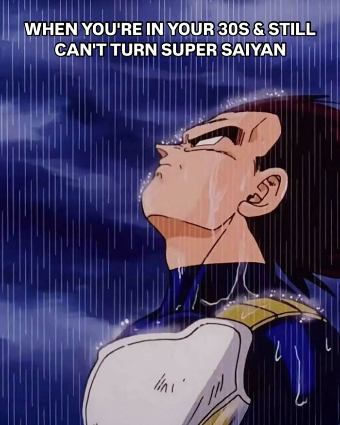 Dragon Ball Z Vegeta character looking up sadly in rain, meme about Super Saiyan transformation