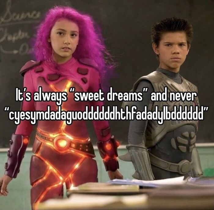 Teenagers in colorful outfits with meme about sweet dreams in nostalgic TV show