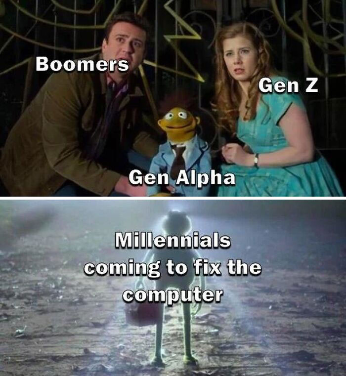 Boomers Gen Z and Gen Alpha labeled on characters in nostalgic meme