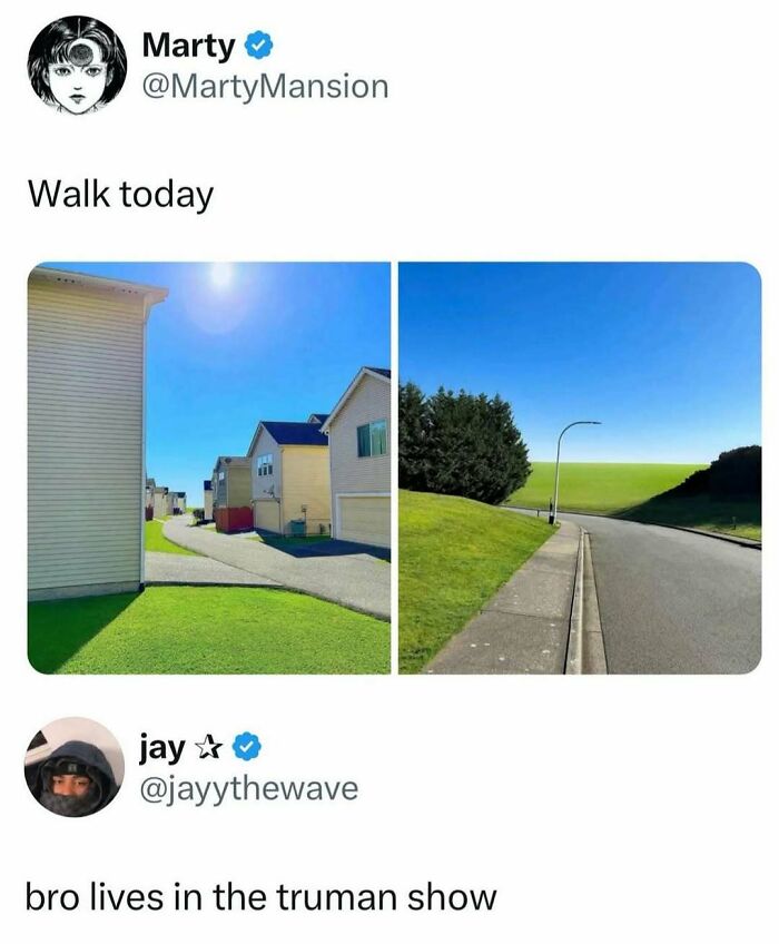 Images showing a neighborhood and road under a blue sky like Truman Show setting