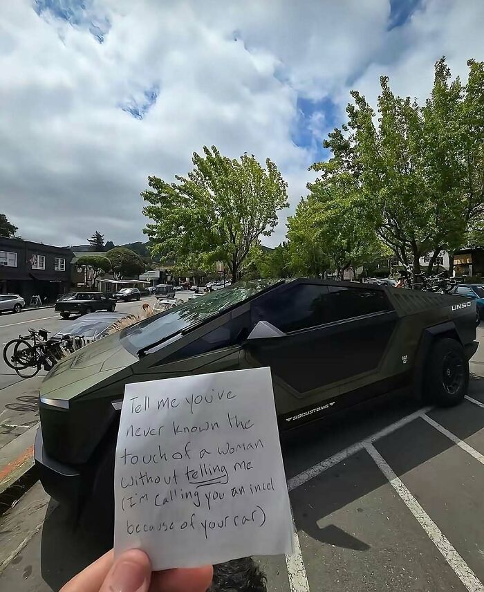Handwritten humorous note about a car and woman with futuristic vehicle in background