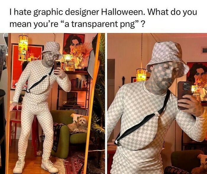 A person dressed in a transparent PNG costume reflecting design humor from an IG page.