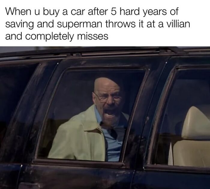 Man inside car frustrated after Superman throws car at villain and misses