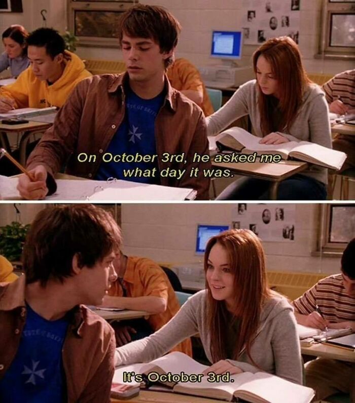 Mean Girls movie scene with iconic October 3rd reference nostalgic 2000s era