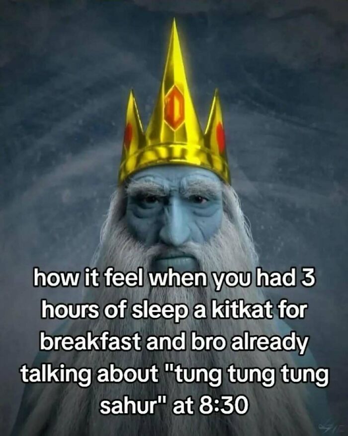 Humorous meme about feeling tired after 3 hours of sleep and eating KitKat for breakfast