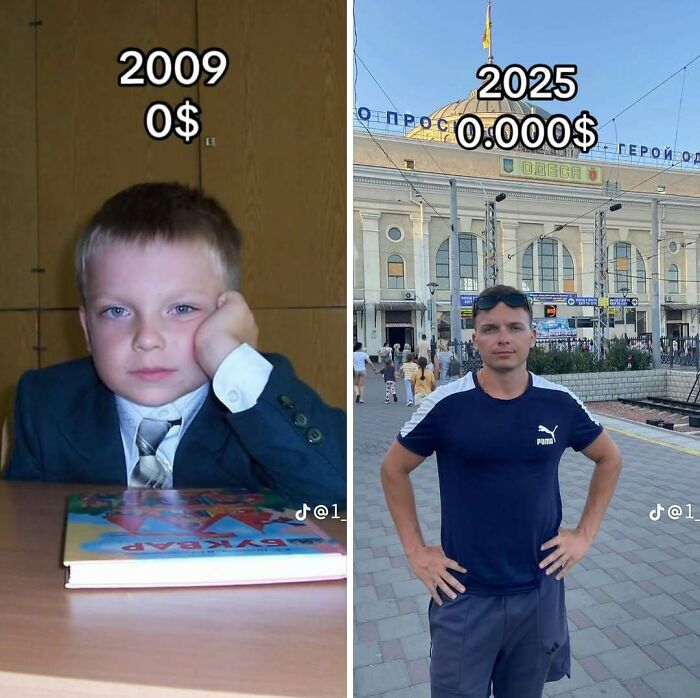 Hilarious memes: a boy in 2009 with $0, beside a man in 2025 with $0.000, illustrating crazy world finances.