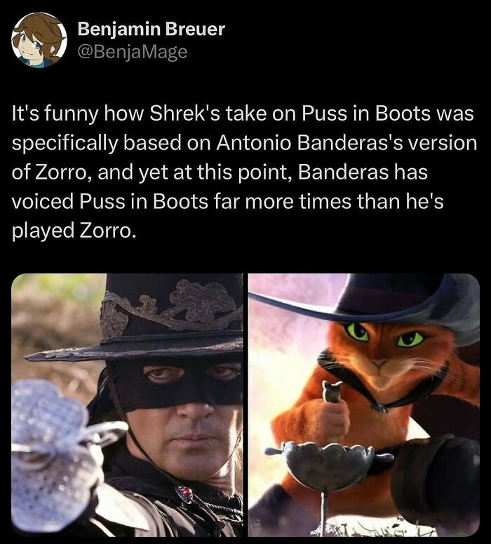 Tweet about Antonio Banderas voicing Puss in Boots and Zorro roles