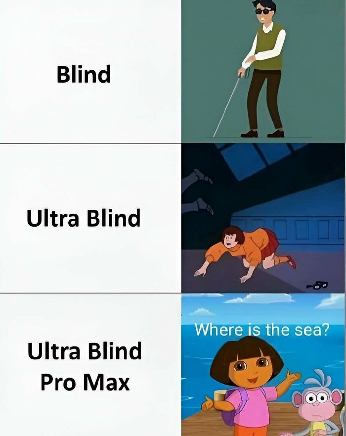 Meme comparing blindness levels with cartoon references from 90s and 2000s nostalgia