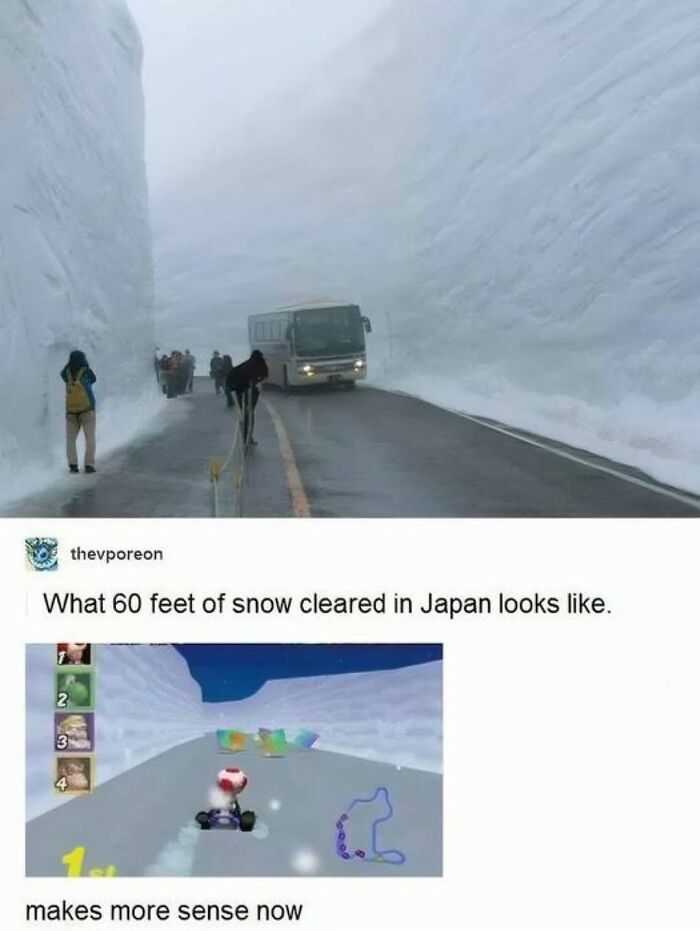 Bus driving through 60 feet of snow cleared in Japan during winter season