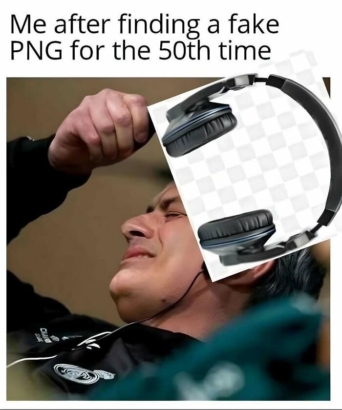 Man reacting to a fake PNG, sharing common design humor frustration and emotions.
