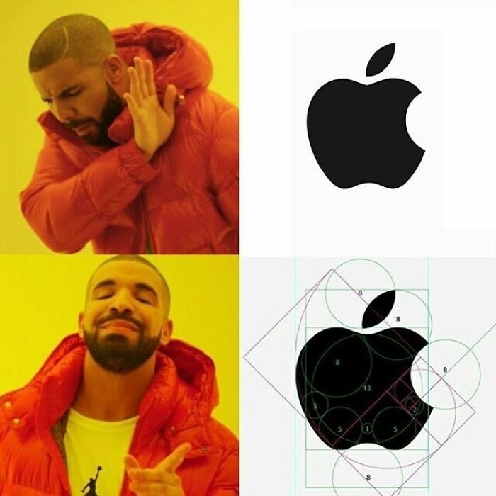 Drake meme illustrating design humor preferences for Apple logo and golden ratio details.