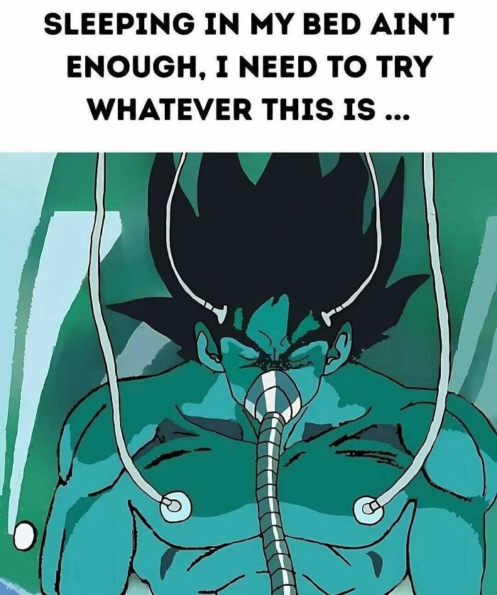 Dragon Ball character in oxygen mask meme from nostalgic 1990s and 2000s eras