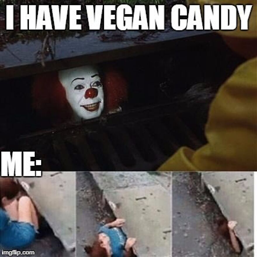 Scared person reacting to vegan candy offered in horror meme