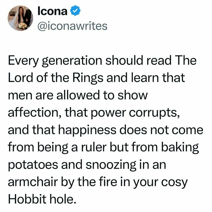 Tweet on Lord of the Rings teaching lessons about men and happiness