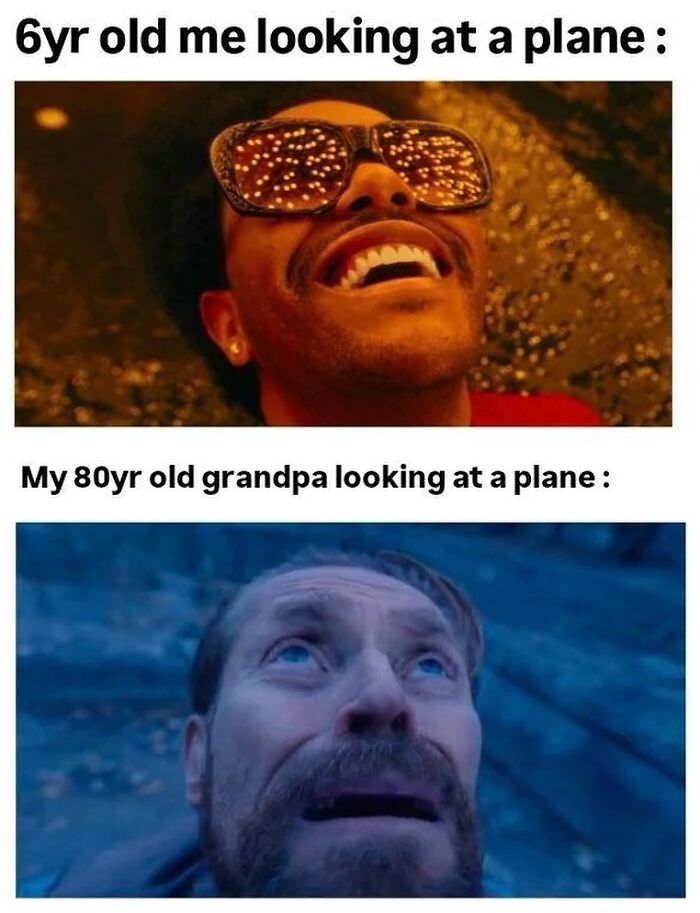 Meme comparing a child and elderly man's amazed reactions to looking at a plane