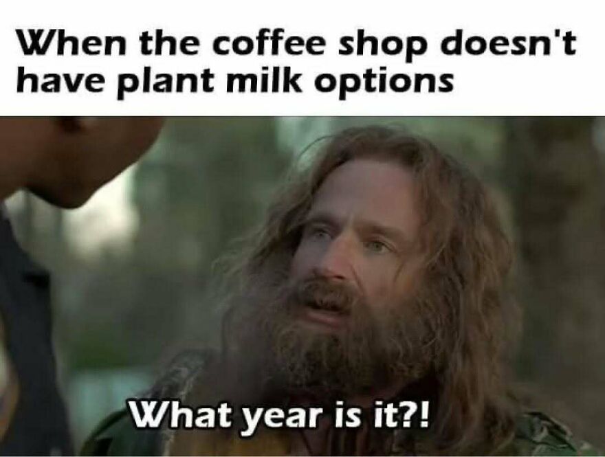 Confused man reacting to coffee shops without plant milk options vegan meme