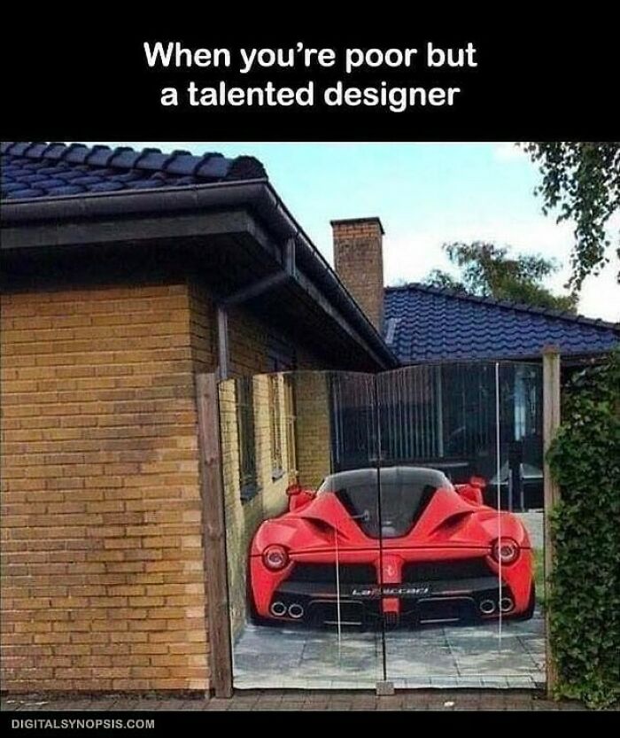 A red sports car reflected in a glass fence, a design humor meme for a talented but poor designer.