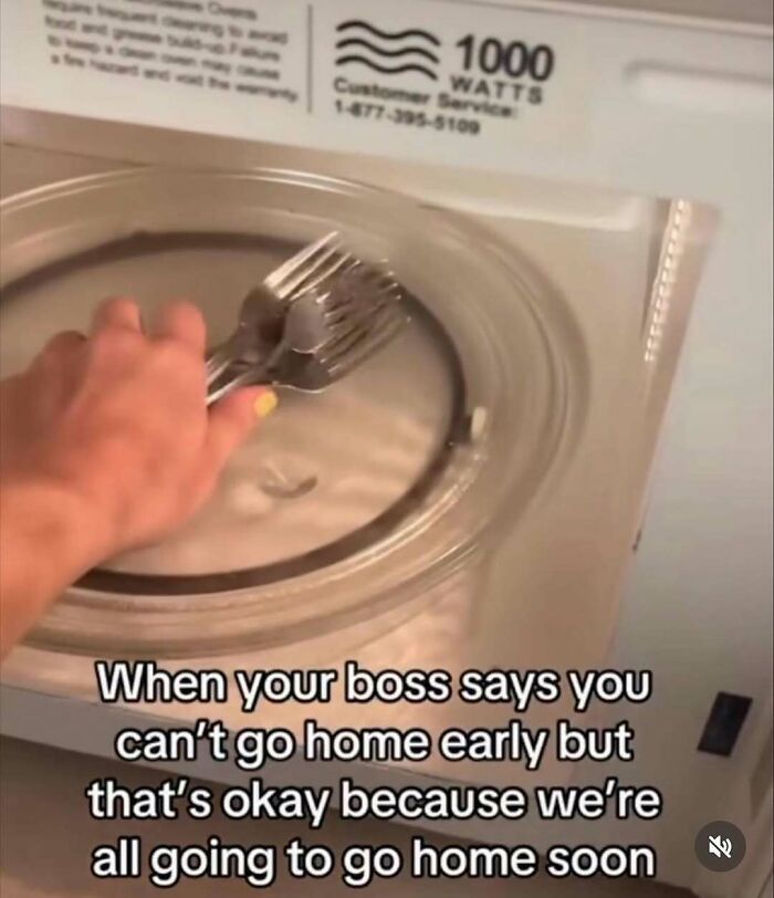 Comedy image of microwave with forks and caption about boss and going home