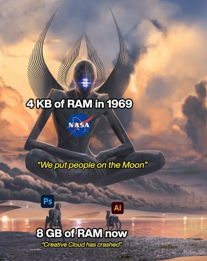 AI art showing 4KB RAM in 1969 vs 8GB RAM now, humorously depicting design software struggles.