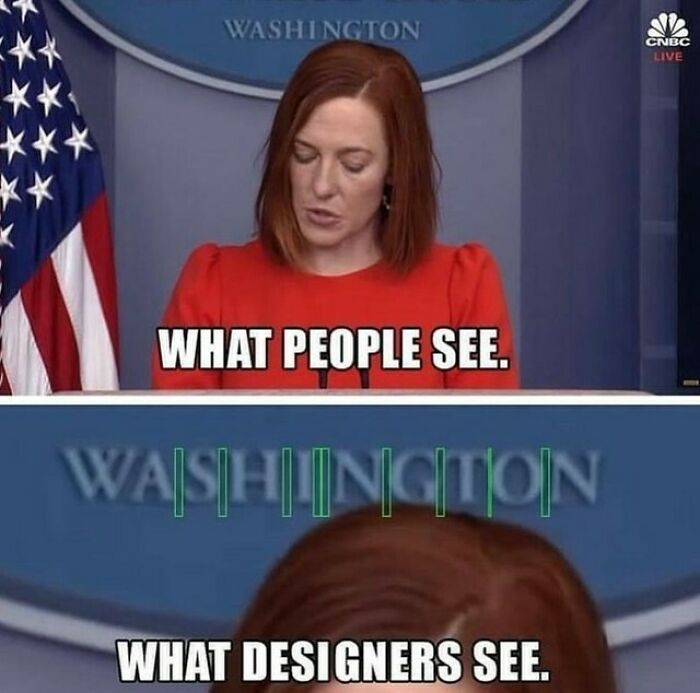 A split image depicting how people see the word WASHINGTON versus how designers see it as a design humor post.