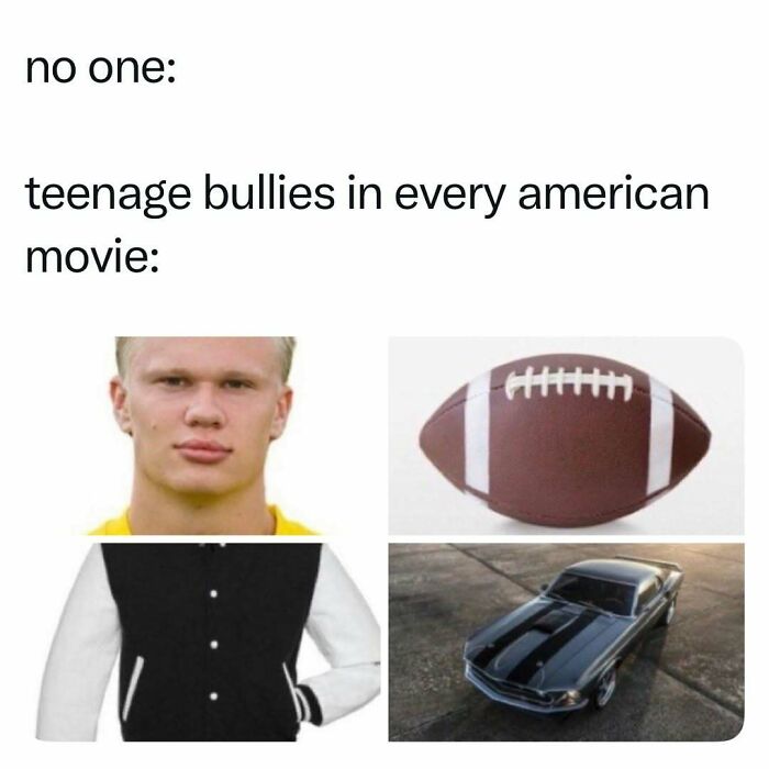 Teenage bullies stereotype meme featuring football, jackets, and classic muscle cars