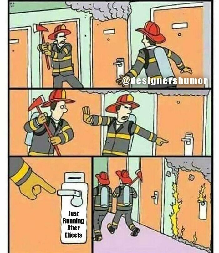 A comic strip about firemen encountering a door on fire, then realizing it is just a computer running After Effects, a piece of design humor.