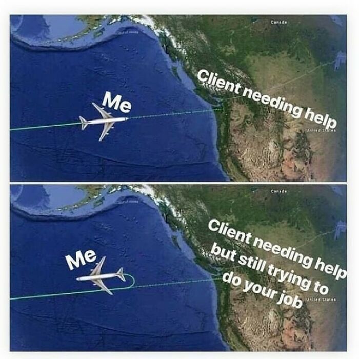 A two-panel map meme showing an airplane changing course, illustrating design humor about clients needing help.