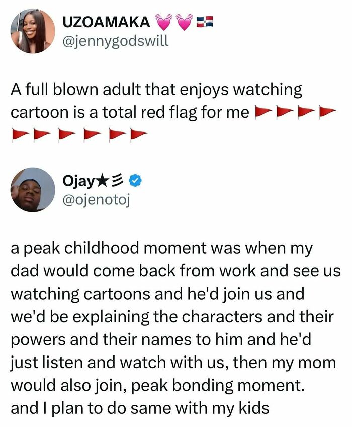 Tweet about adults watching cartoons as a childhood nostalgia red flag