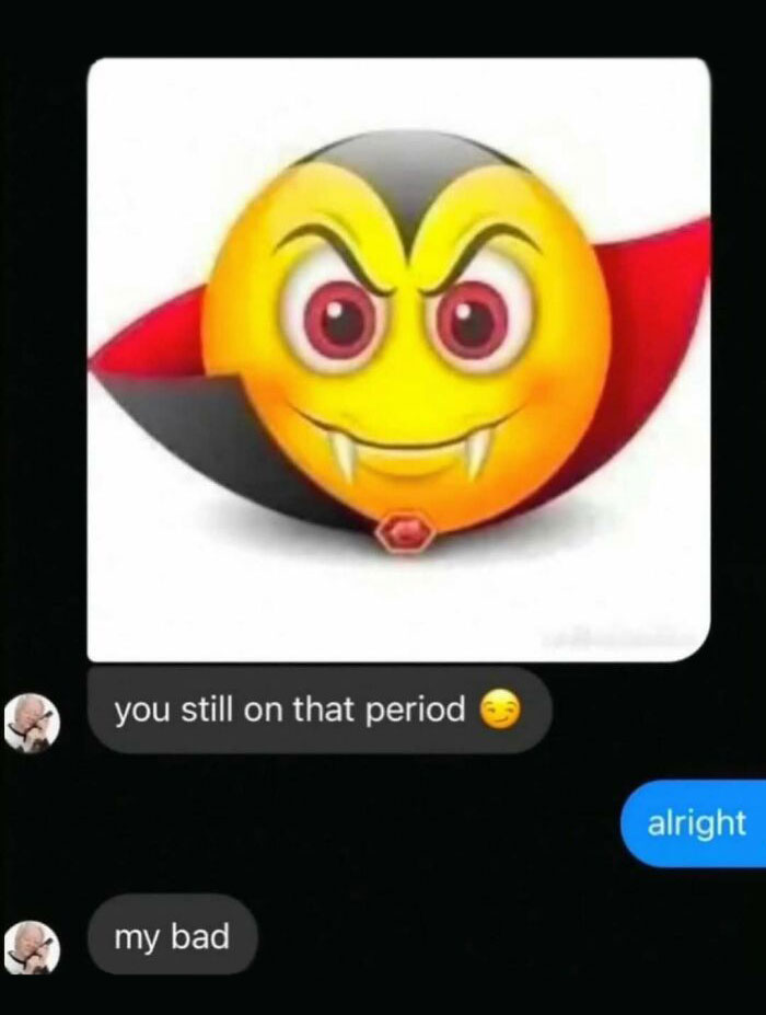 Text message with vampire emoji joking about period